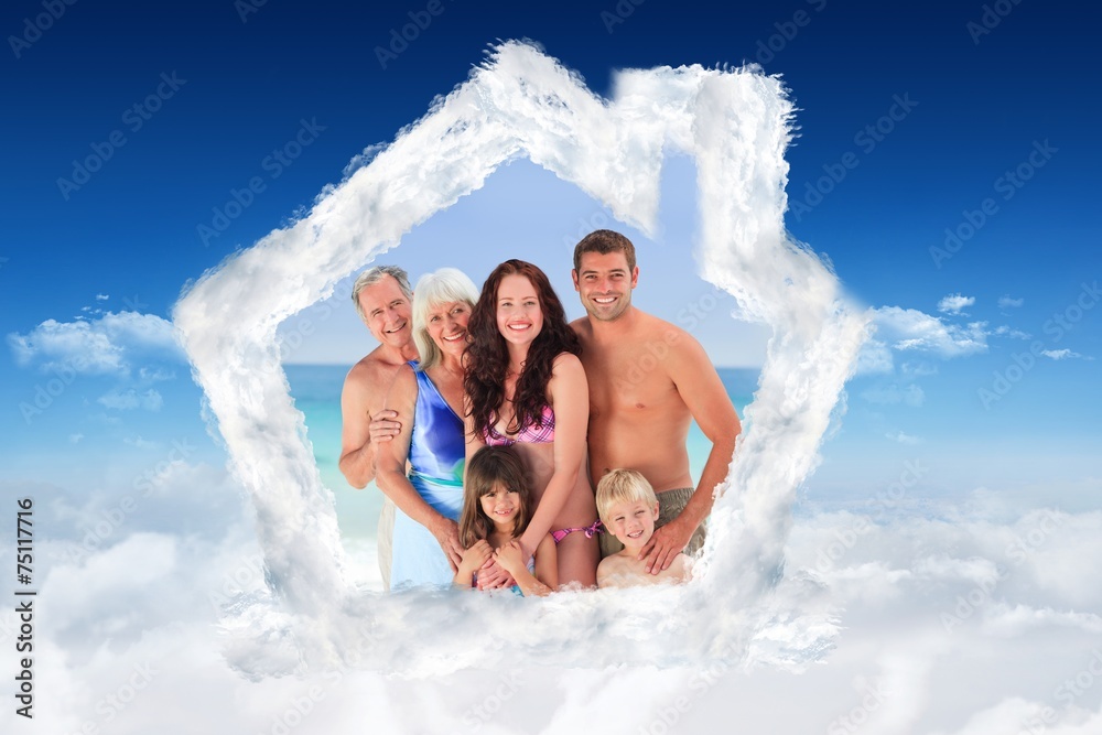 Composite image of portrait of a joyful family at the beach Composite image of portrait of a joyful family at the beach