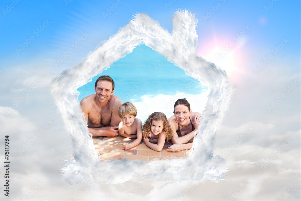 Composite image of happy family beside the swimming pool Composite image of happy family beside the swimming pool