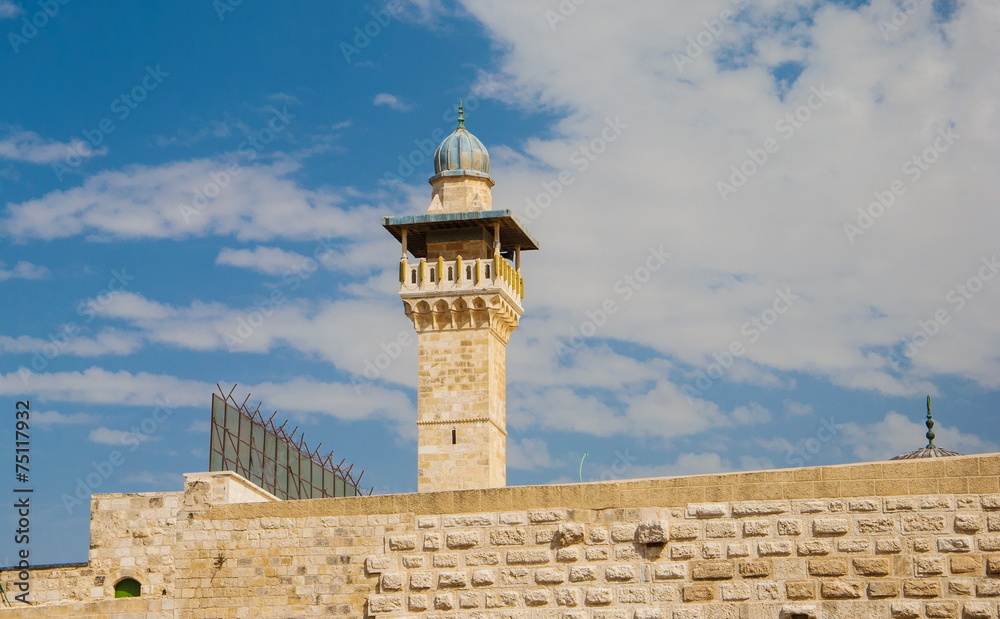 minaret and ancient walls of  mosque in Jerusalem