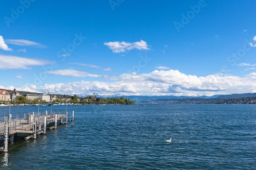 Wide view of Zurich lake and the alps beyond
