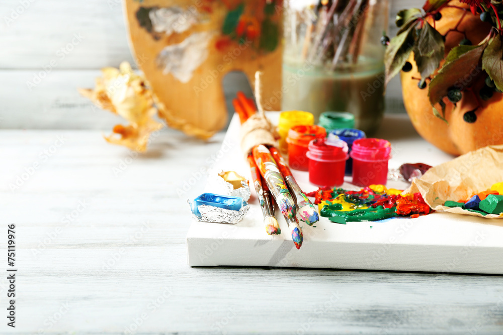 Beautiful still life with professional art materials, close up Beautiful still life with professional art materials, close up