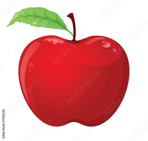 Red apple with leaf and drop isolated on white