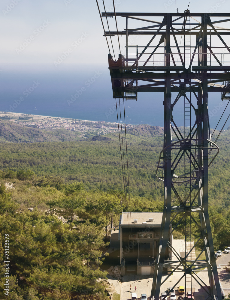 Base station and tower of mountain cable car on the Turkish Rivi
