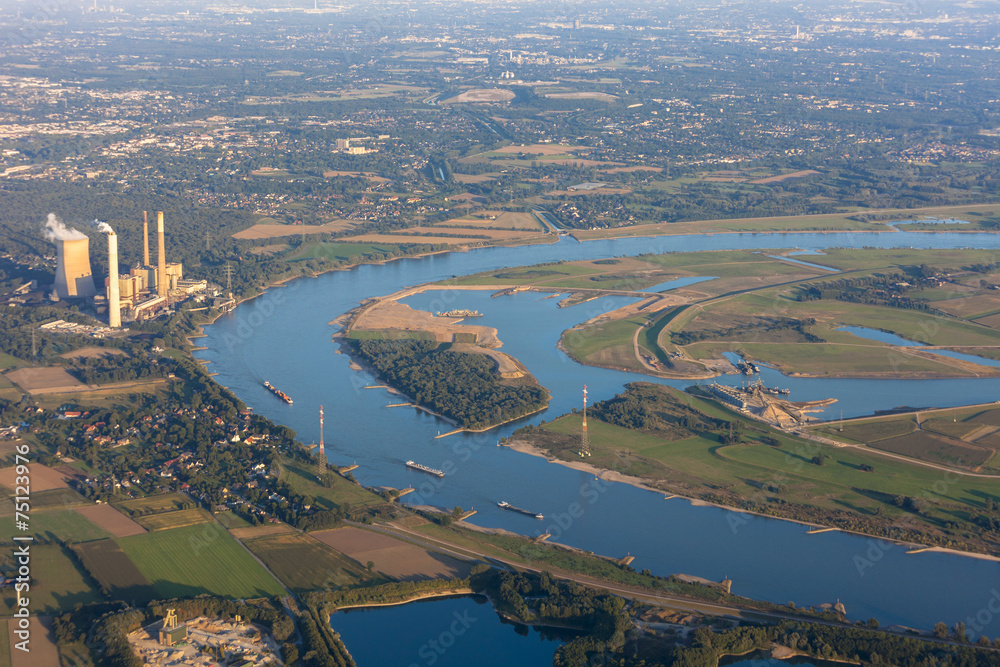 Rhine River bend Orsoy with agricultural, industrial and residen