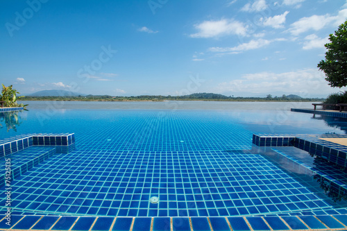 Swimming pool near Khong river with blue sky ,Chiangsan in Chi