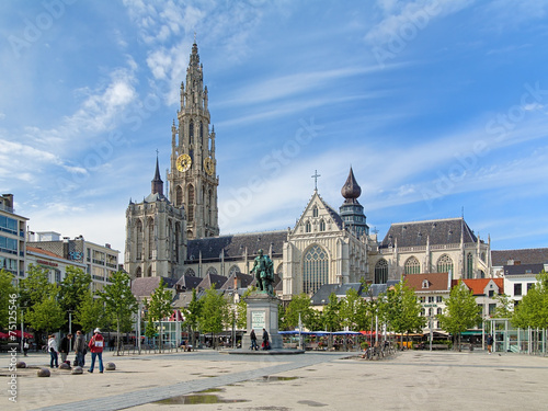 Cathedral and statue of Peter Paul Rubens in Antwerp