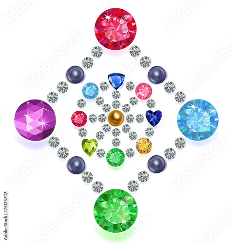 Rhombus-circle composition colored gems set