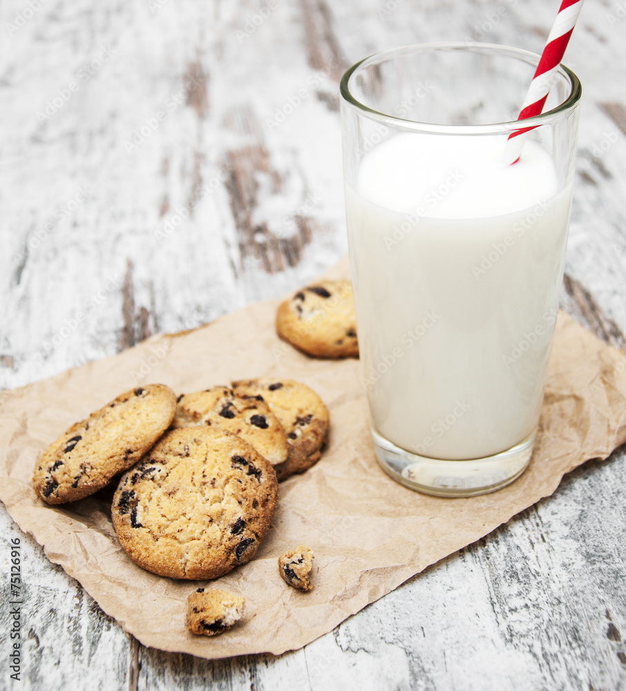 Chocolate chip cookie and glass of milk Chocolate chip cookie and glass of milk