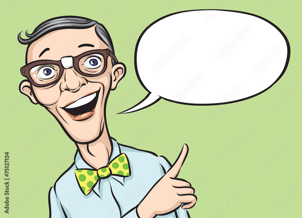 smiling geek with speech balloon smiling geek with speech balloon