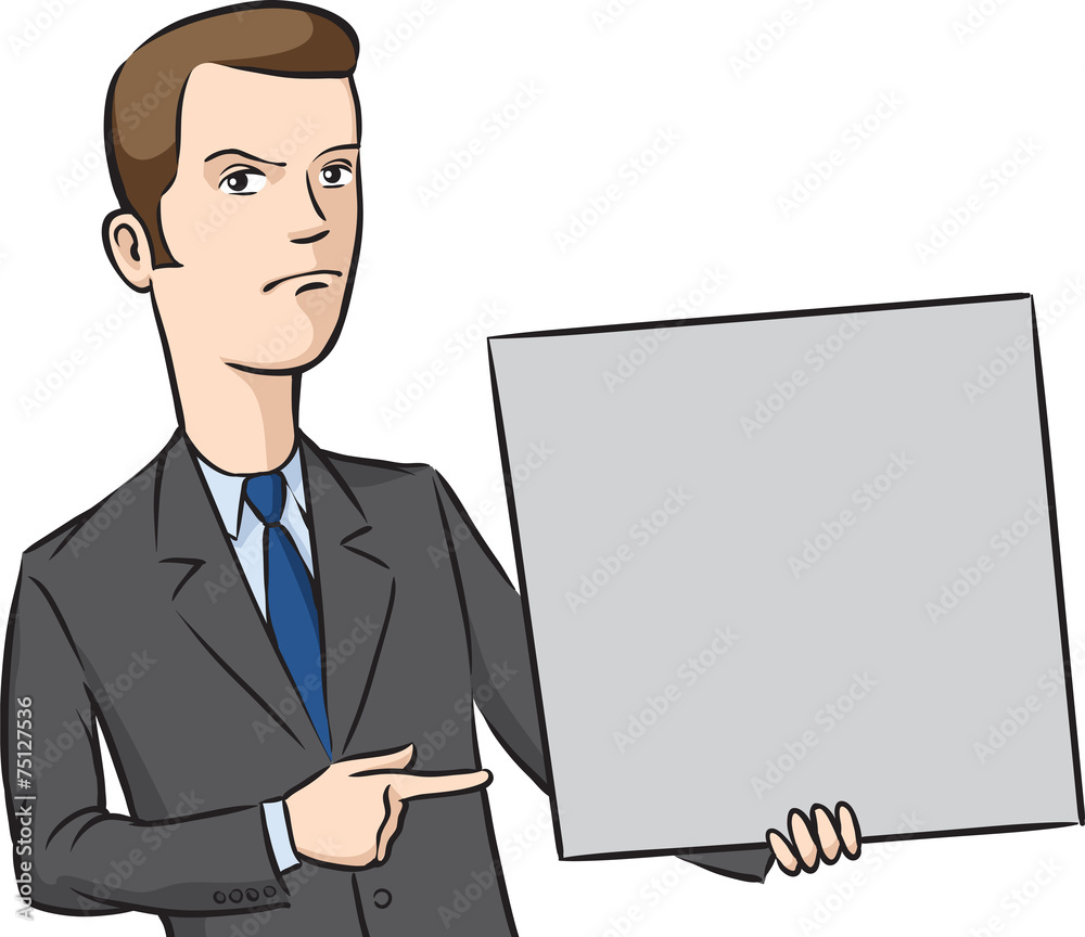businessman angry pointing at blank placard businessman angry pointing at blank placard
