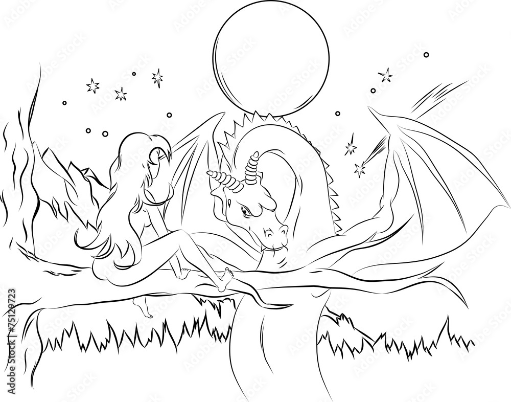 Vector sketch of the girl on a tree and a dragon in flight