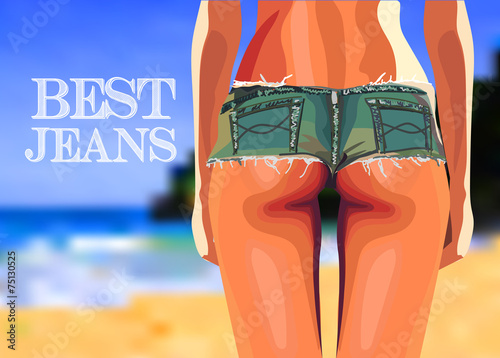Woman body in jean shorts on the beach