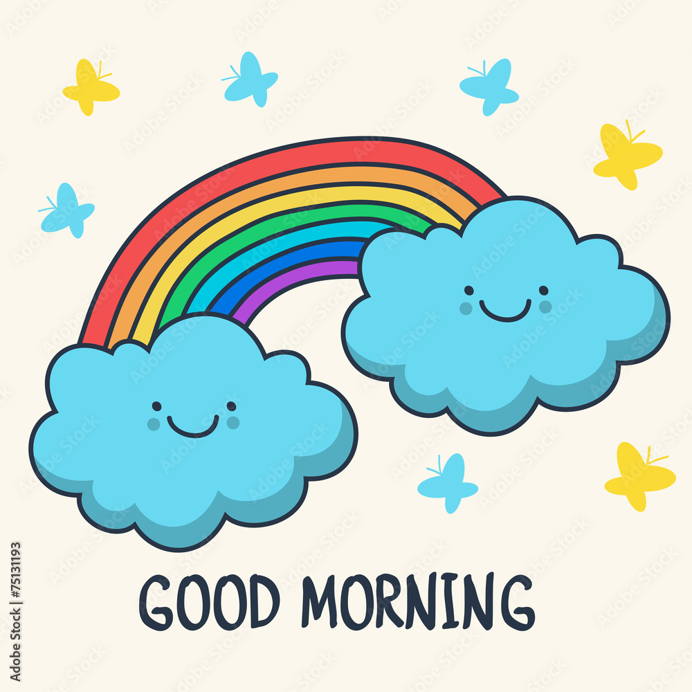 Funny sketching smiling clouds and rainbow. Vector cartoon illus Funny sketching smiling clouds and rainbow. Vector cartoon illus