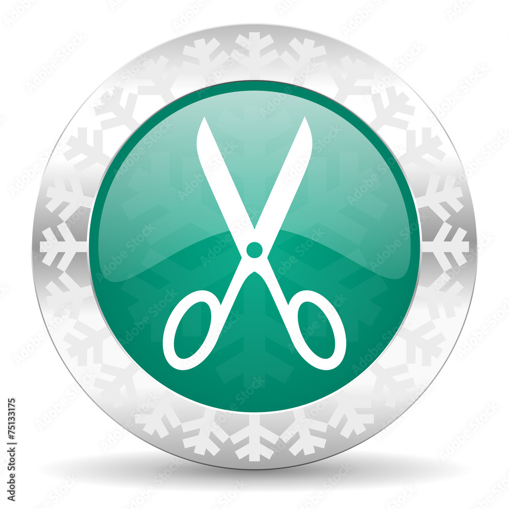 scissors green icon, christmas button, cut sign