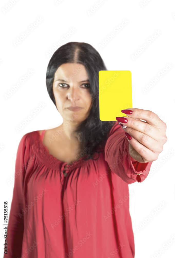 An image of a pretty woman showing yellow card. An image of a pretty woman showing yellow card.