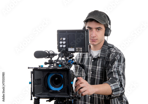 young cameraman with professional camera