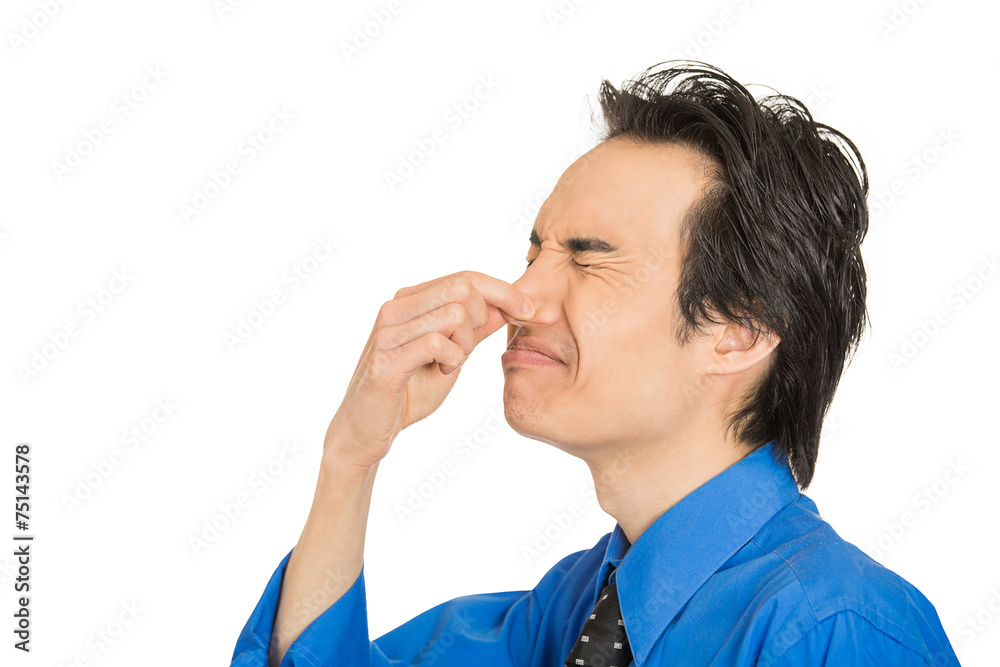 man disgust on his face pinches nose something stinks bad smell man disgust on his face pinches nose something stinks bad smell