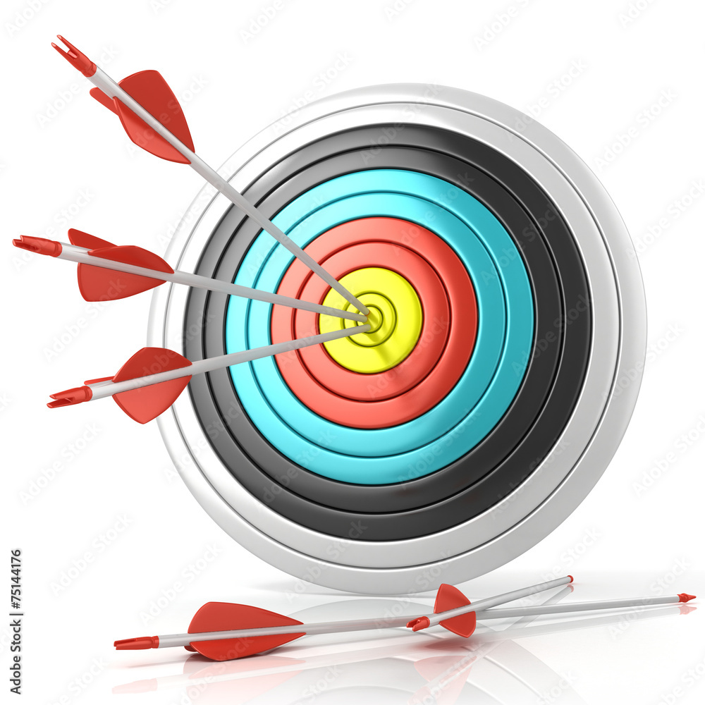 Archery target with red arrows in the center, isolated on white Archery target with red arrows in the center, isolated on white