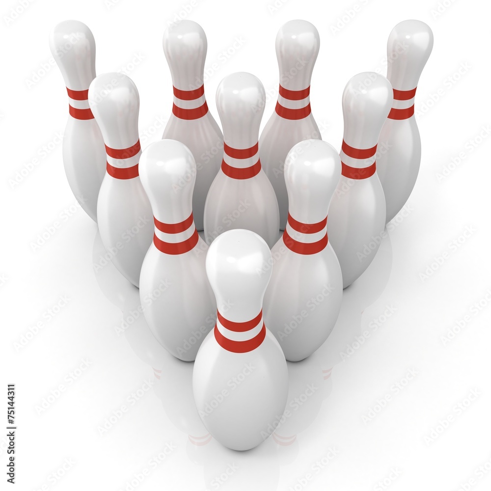 Bowling pins with red stripes, grouped and isolated on white Bowling pins with red stripes, grouped and isolated on white