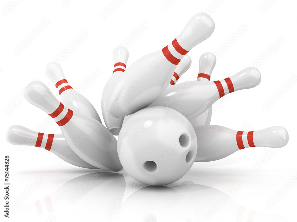 Bowling ball and scattered pin, isolated on white background Bowling ball and scattered pin, isolated on white background