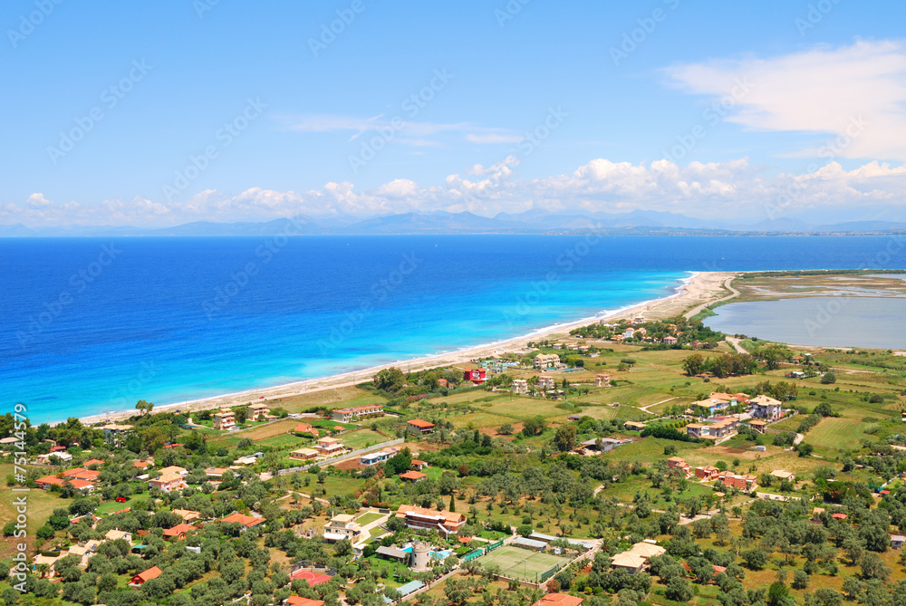 Long sandy beach on the island of Lefkada, Greece
