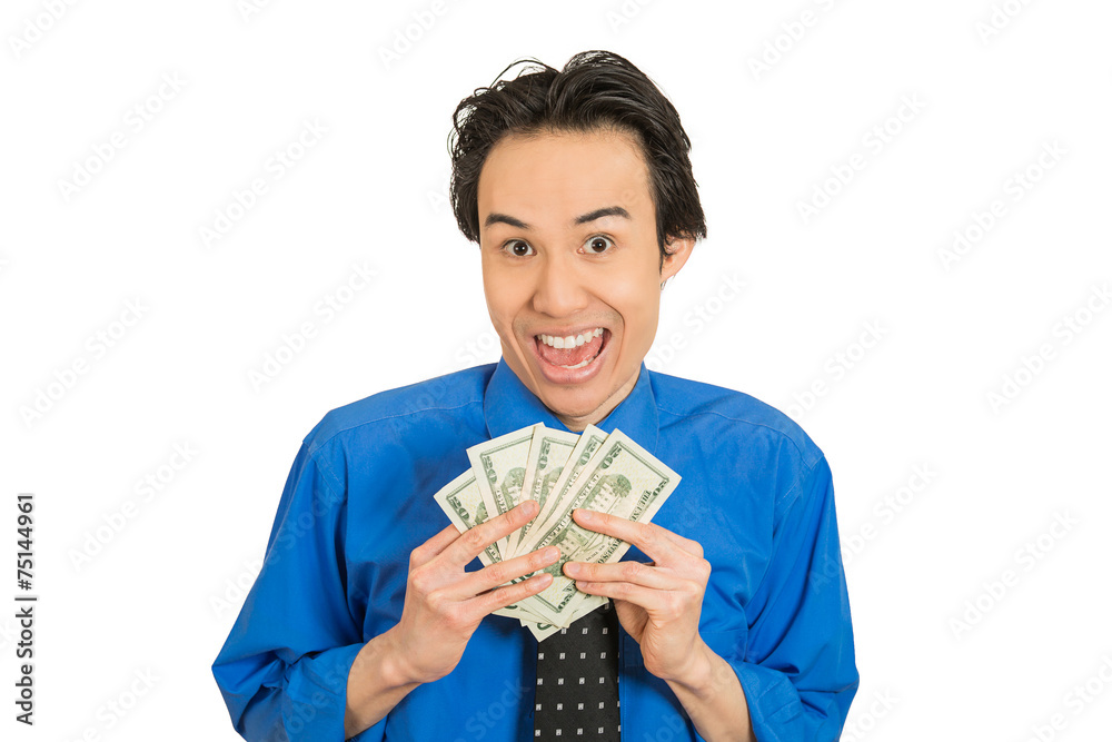 happy excited successful business man holding money dollar bills happy excited successful business man holding money dollar bills