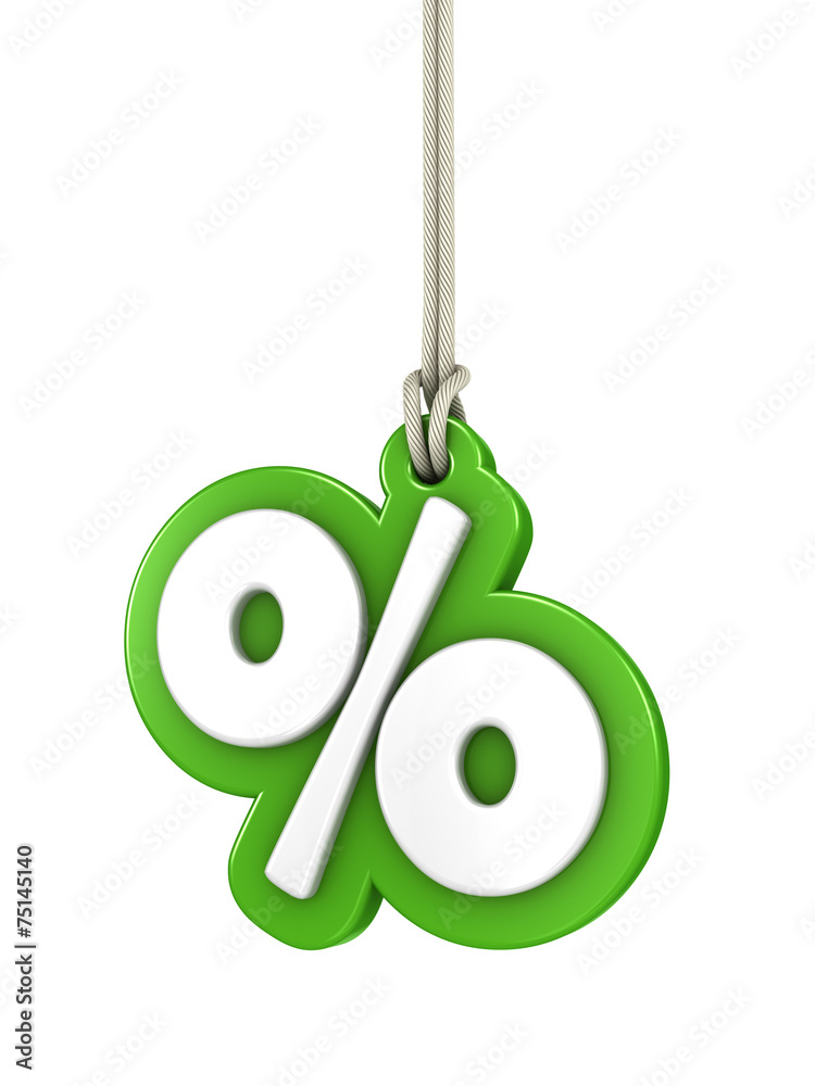 Green percentage sign isolated on white background hanging on ro - obrazy, fototapety, plakaty 