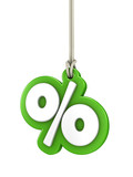 Green percentage sign isolated on white background hanging on ro