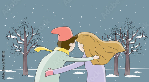 Winter love-Man and woman hug each other