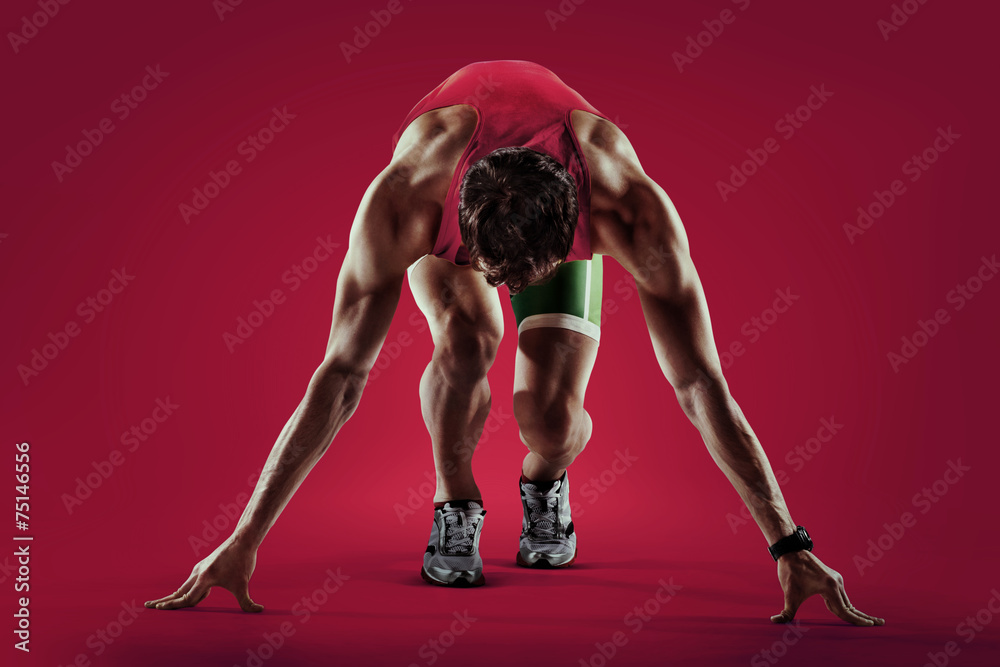 Sport. Athlete runner in silhouettes on red background - obrazy, fototapety, plakaty 