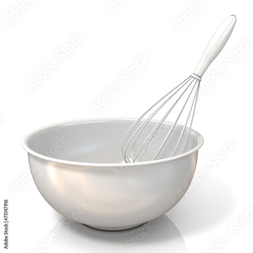 Bowl with a wire whisk, isolated on white