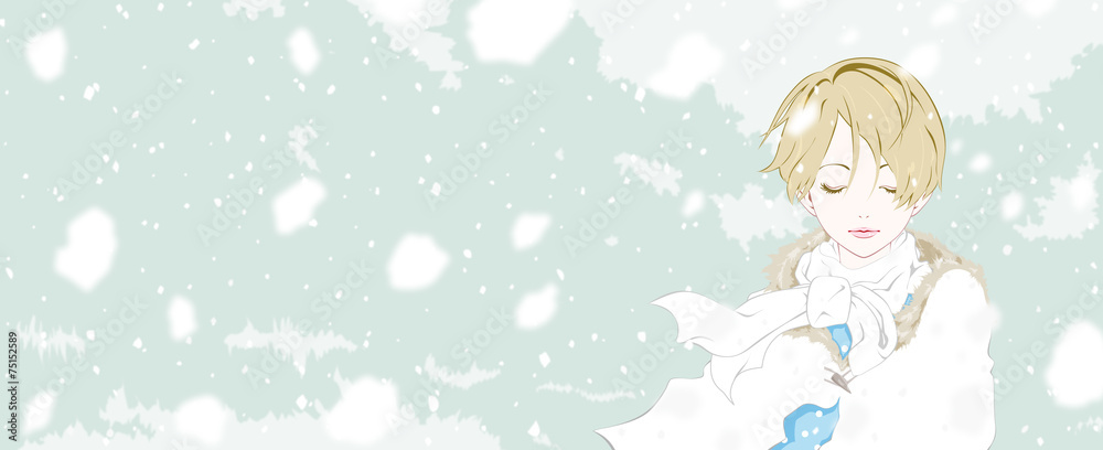 女性　雪　眼を閉じる
