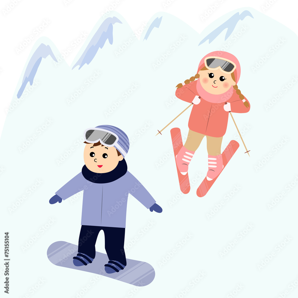 A boy snowboarding and a girl skiing in the snowy mountain Stock Vector |  Adobe Stock