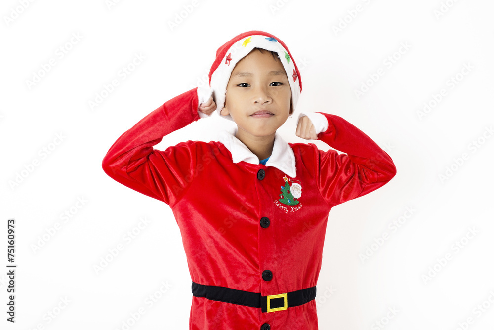 Asian little boy in red santa hat on white background Asian little boy in red santa hat on white background