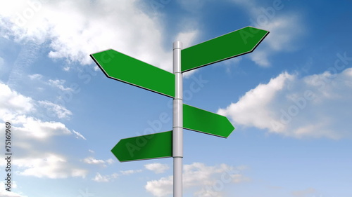 Green signpost against blue sky