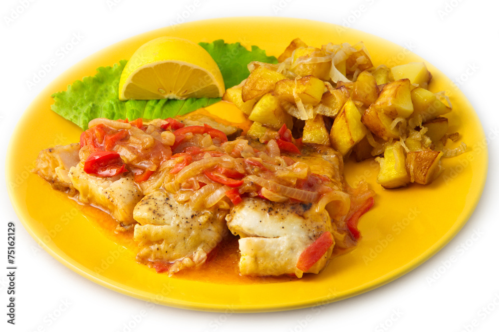 the peach fish with sauce and vegetable with potatoes the peach fish with sauce and vegetable with potatoes