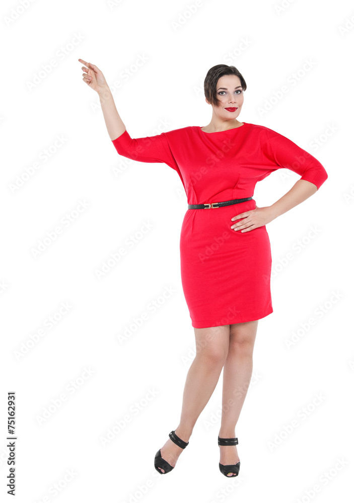Beautiful plus size woman in red dress showing on something Beautiful plus size woman in red dress showing on something