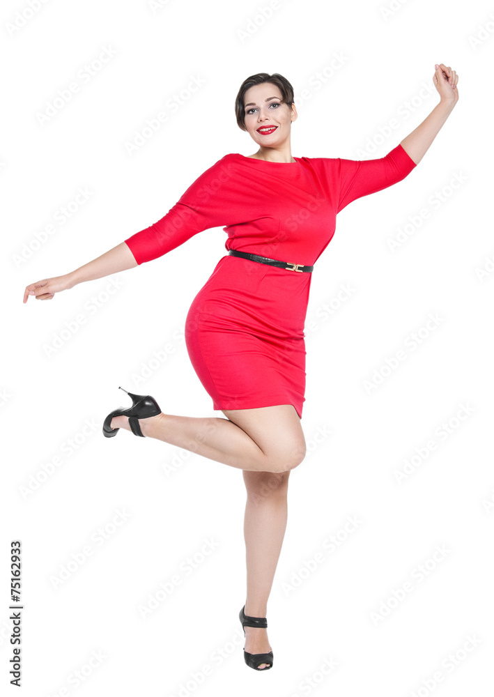 Happy beautiful plus size woman in red dress with hands up