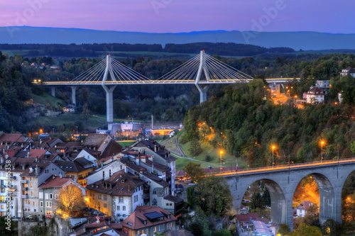 View of Poya and Zaehringen bridge, Fribourg, Switzerland, HDR