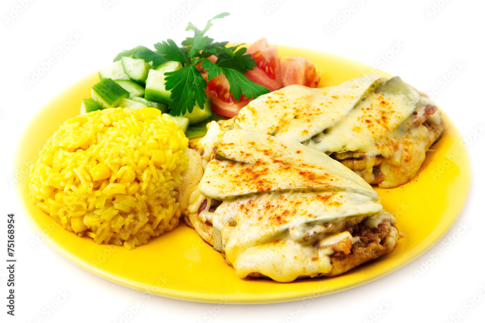 the chicken fillet baked with bacon served with rice the chicken fillet baked with bacon served with rice