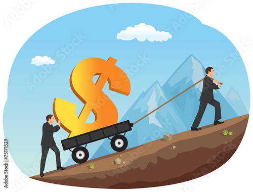 Two businessmen pushing and pulling a cart with a dollar sign