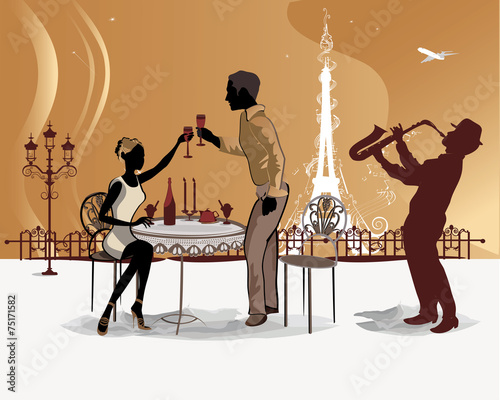 Romantic couple drinking coffee in the Paris restaurant