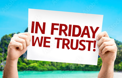 In Friday We Trust card with a beach background photo