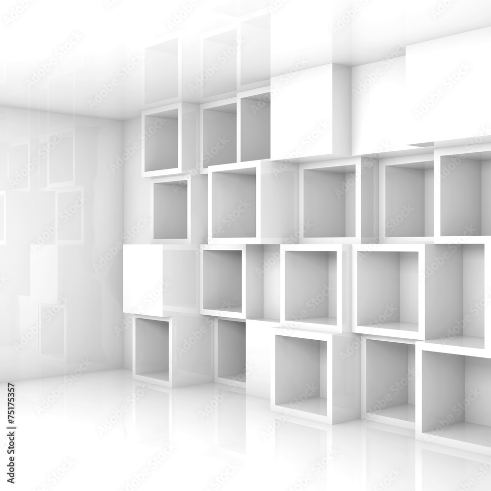 Abstract empty 3d interior, white cubes shelves on the wall Abstract empty 3d interior, white cubes shelves on the wall