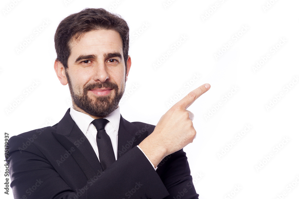 Portrait of a handsome businessman pointing, isolated on white b Portrait of a handsome businessman pointing, isolated on white b