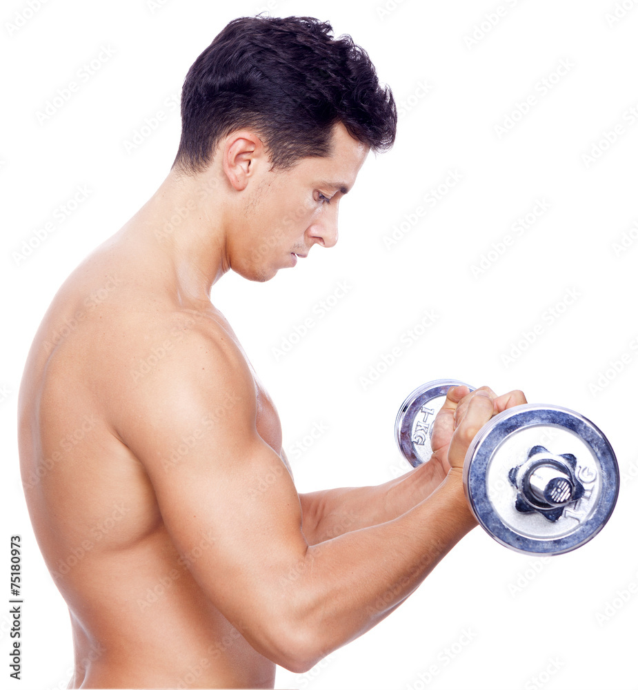 Fitness man lifting dumbbells on a white background Fitness man lifting dumbbells on a white background