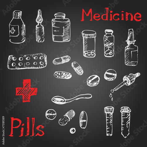 medical icons sketch with pills and tablets.