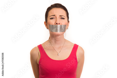 woman in red gaffer tape on mouth experiencing emotional pain