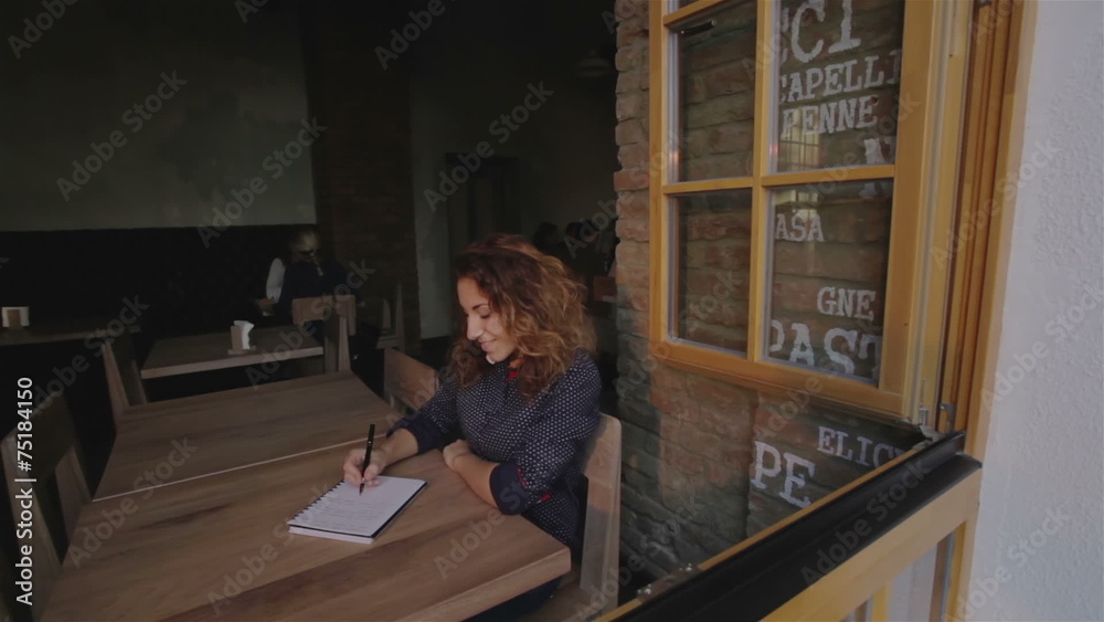 Young beautiful student girl with notepad in the cafe Young beautiful student girl with notepad in the cafe