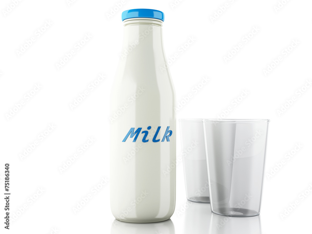 3d illustration. Milk bottles and glass on white background 3d illustration. Milk bottles and glass on white background